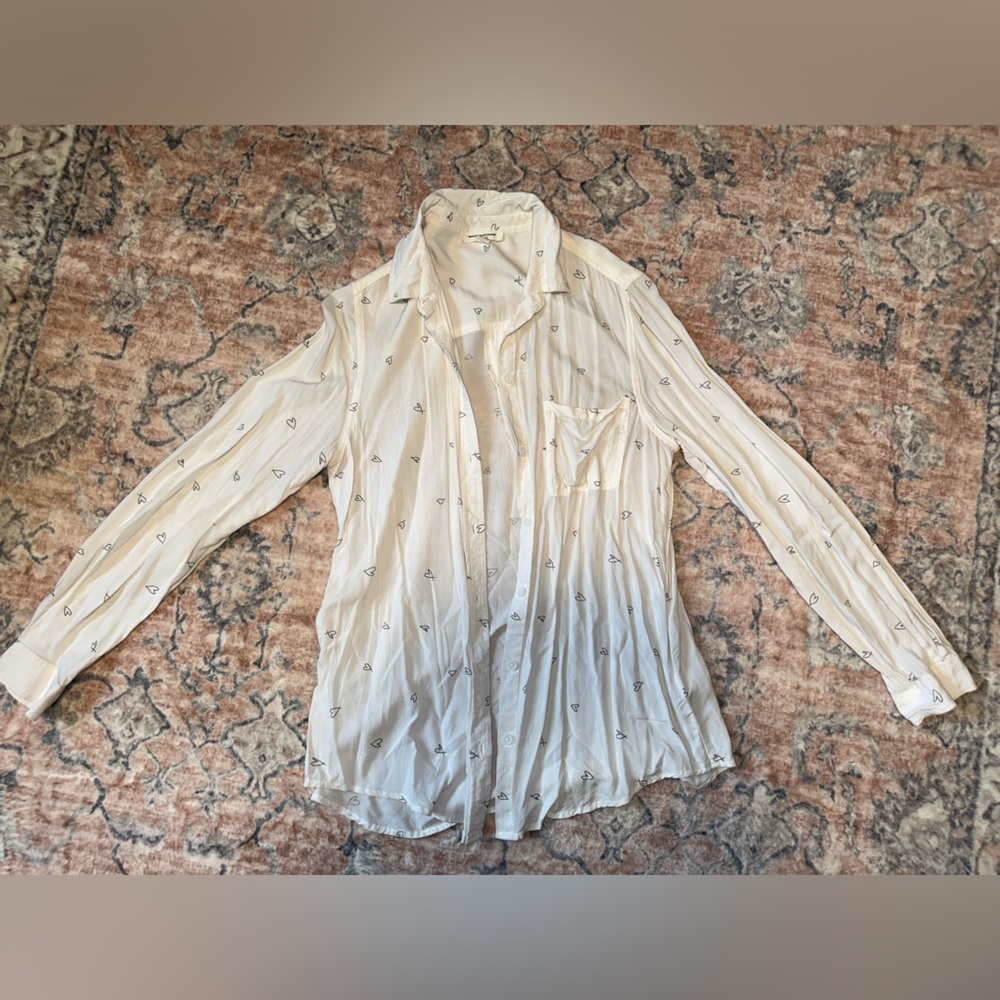 White Button-Up Shirt with Heart Pattern